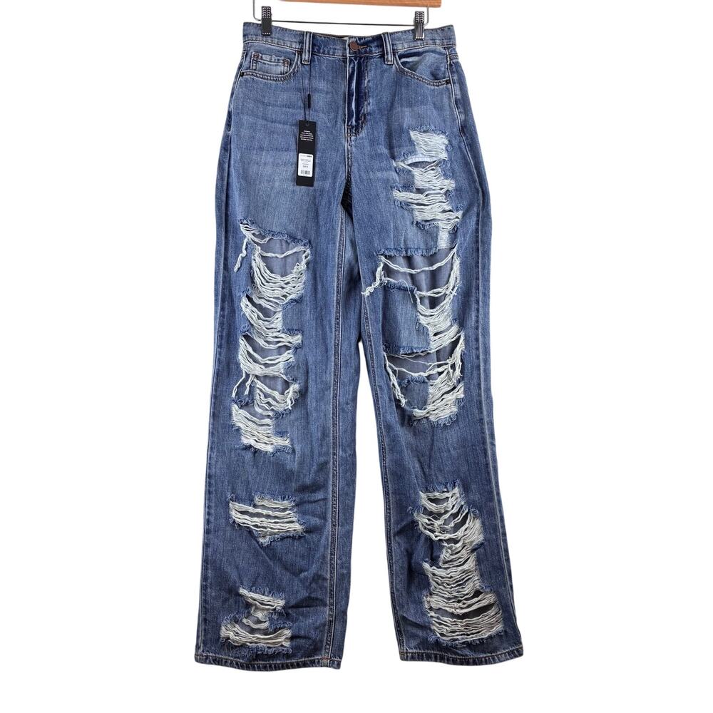Fashion Nova Women's Straight Leg Distressed Blue Jeans